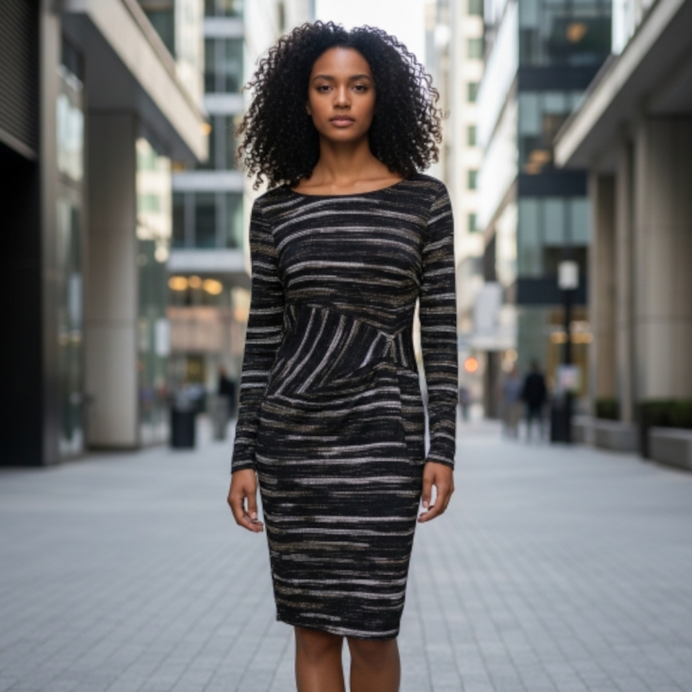 Philosophy dress long sleeve brown cream abstract print cinched waist bodycon‎ S